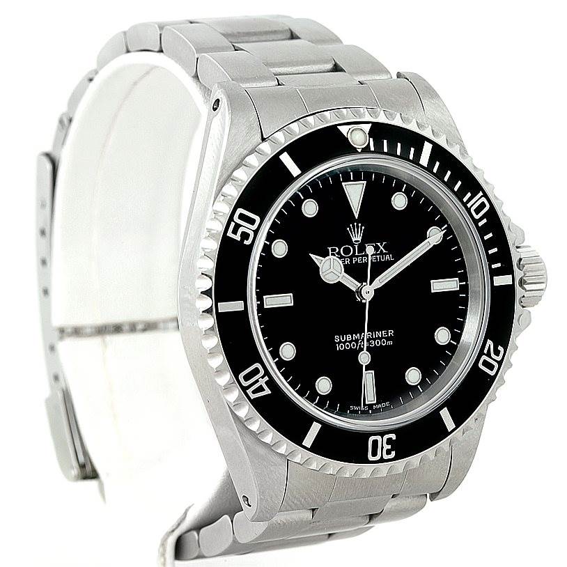 The Rolex Submariner 14060 Men
s Stainless Steel Black Dial 14060 Men
s Stainless Steel Black Dial watch is shown at an angled side view, highlighting the bezel, dial, case, and bracelet.