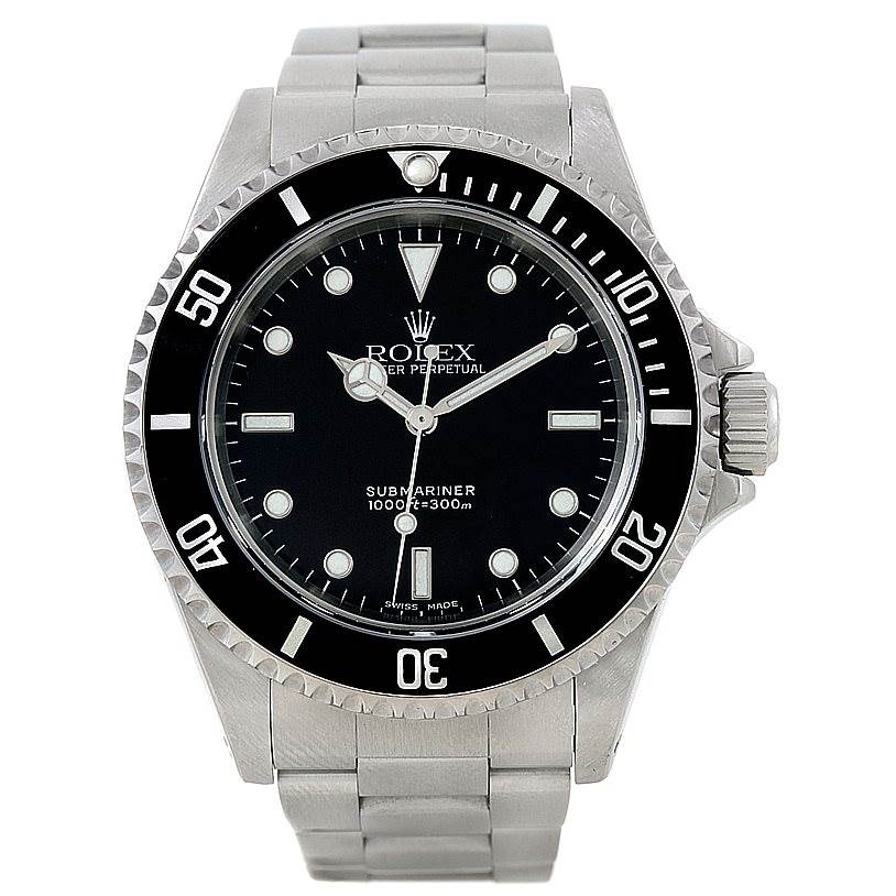 This image shows a front view of a Rolex Submariner 14060 Men
s Stainless Steel Black Dial 14060 Men
s Stainless Steel Black Dial watch, displaying its face, bezel, crown, and bracelet.