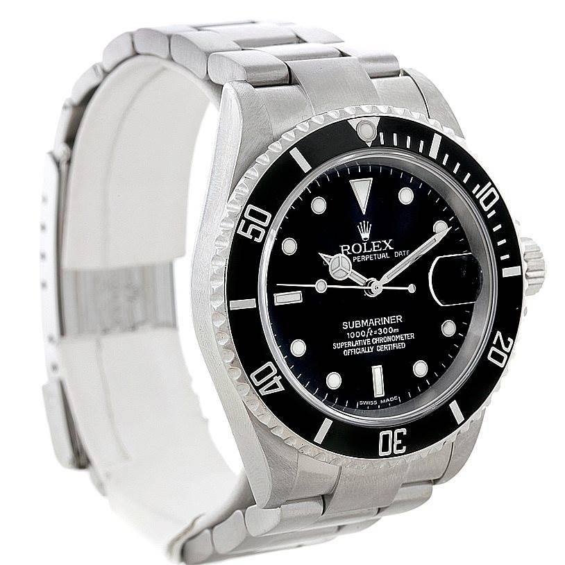 The image shows a Rolex Submariner 16610 Men
s Stainless Steel Black Dial 16610 Men
s Stainless Steel Black Dial watch at a 3/4 angle, highlighting the dial, bezel, and part of the bracelet.