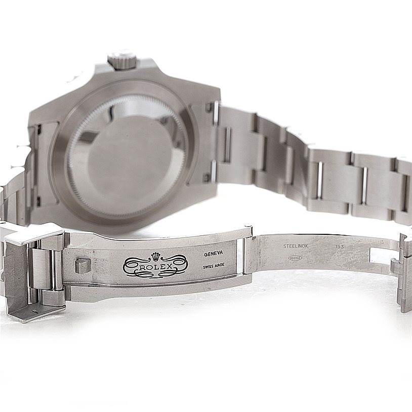 The image shows the back case and open clasp of a Rolex Submariner 116610 Men
s Stainless Steel Black Dial 116610 Men
s Stainless Steel Black Dial watch.