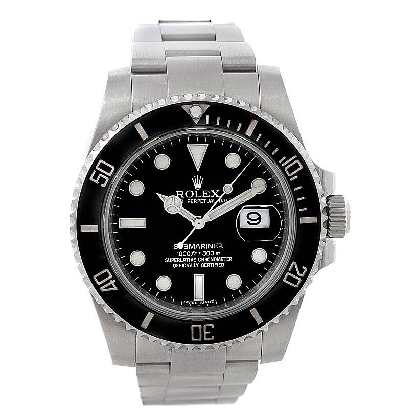 The image shows a front view of a Rolex Submariner 116610 Men
s Stainless Steel Black Dial 116610 Men
s Stainless Steel Black Dial watch, highlighting its black dial, bezel, and metal bracelet.