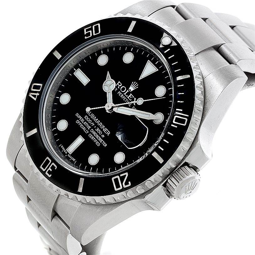 The image shows a Rolex Submariner 116610 Men
s Stainless Steel Black Dial 116610 Men
s Stainless Steel Black Dial watch from a three-quarter angle, highlighting its black dial, bezel, and stainless steel bracelet.