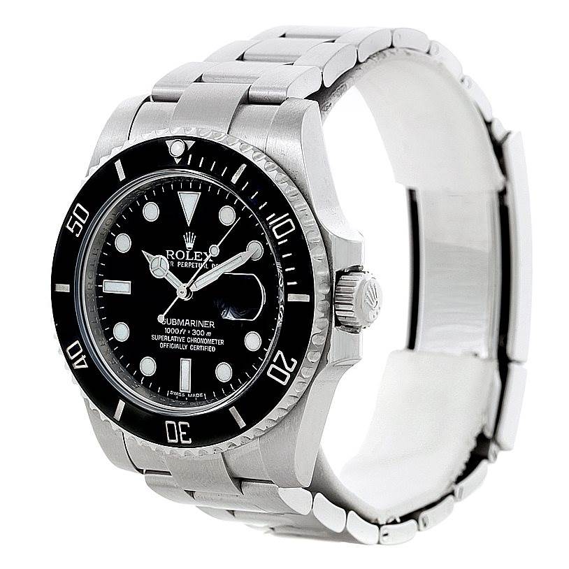 This image shows a Rolex Submariner 116610 Men
s Stainless Steel Black Dial 116610 Men
s Stainless Steel Black Dial watch at an angle highlighting its face, bezel, crown, and bracelet.