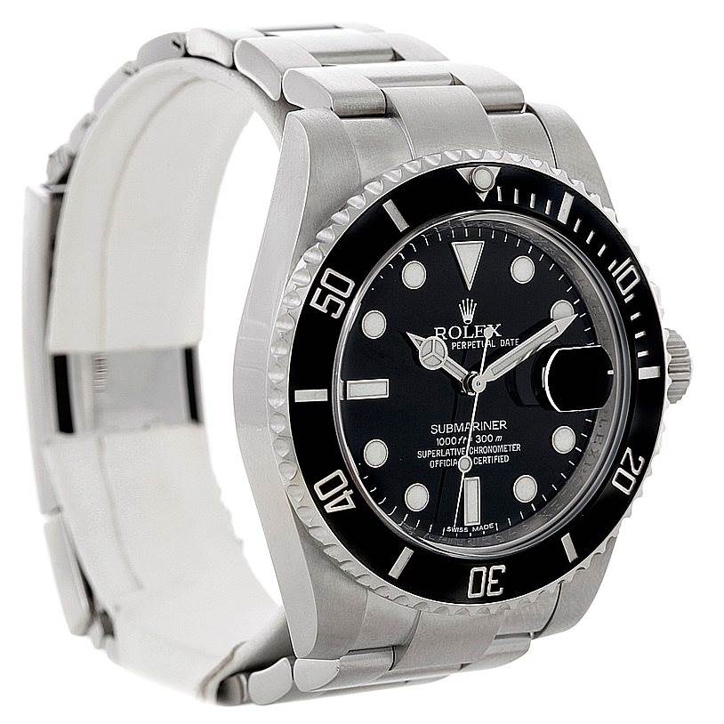 The image shows a Rolex Submariner 116610 Men
s Stainless Steel Black Dial 116610 Men
s Stainless Steel Black Dial watch angled to display its face, bezel, crown, and part of the bracelet.