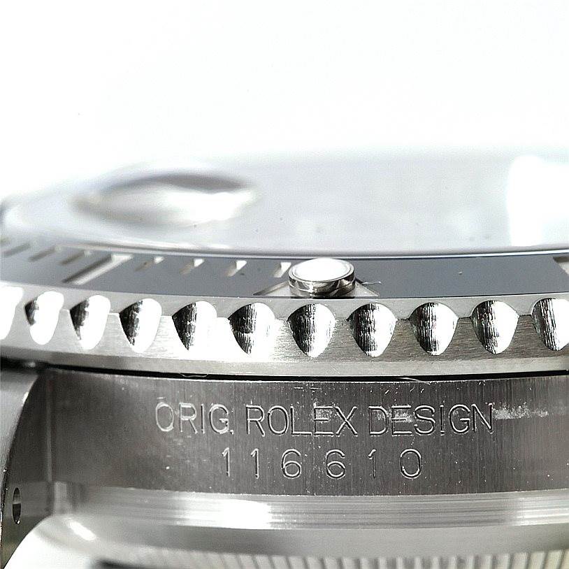 The image shows a close-up side view of the bezel and side of the case of a Rolex Submariner 116610 Men
s Stainless Steel Black Dial 116610 Men
s Stainless Steel Black Dial, model number 116610.