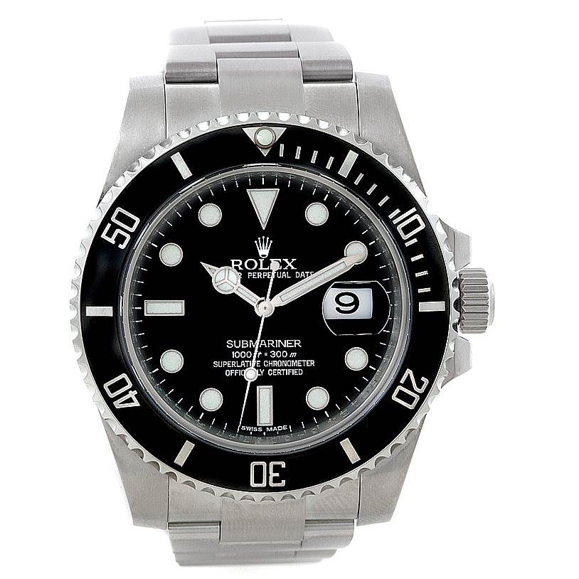 The image shows a front view of the Rolex Submariner 116610 Men
s Stainless Steel Black Dial 116610 Men
s Stainless Steel Black Dial watch, highlighting the dial, bezel, bracelet, and crown.
