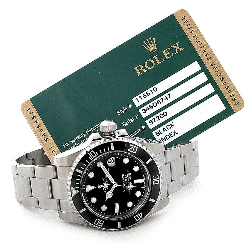 This image shows a Rolex Submariner 116610 Men
s Stainless Steel Black Dial 116610 Men
s Stainless Steel Black Dial watch from a frontal angle, highlighting its face, bezel, bracelet, and certificate.
