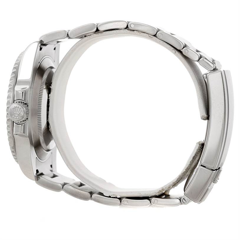 The image shows a Rolex Submariner 116610 Men
s Stainless Steel Black Dial 116610 Men
s Stainless Steel Black Dial watch from a side profile, highlighting the crown, case, and bracelet.