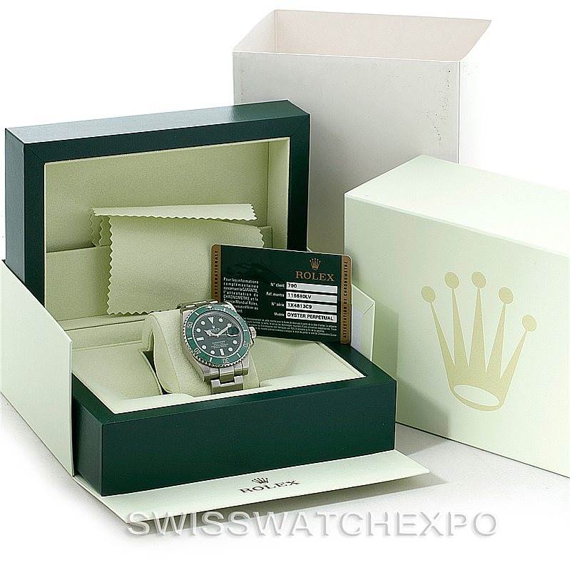 The image shows a Rolex Submariner 116610LV Men's Stainless Steel Green Dial 116610LV Men's Stainless Steel Green Dial watch inside its original packaging with a warranty card, cleaning cloth, and additional boxes.