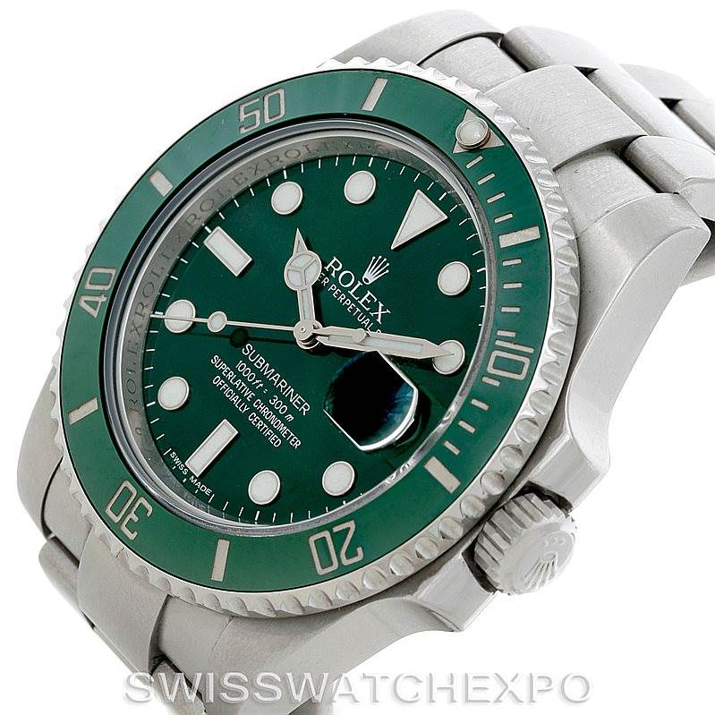 The image shows a close-up angle of the Rolex Submariner 116610LV Men's Stainless Steel Green Dial 116610LV Men's Stainless Steel Green Dial watch, highlighting its green bezel and dial, crown, and part of the bracelet.