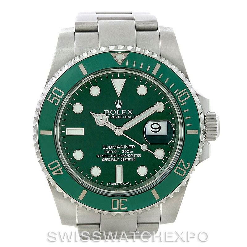 This image shows a front view of a Rolex Submariner 116610LV Men's Stainless Steel Green Dial 116610LV Men's Stainless Steel Green Dial watch with a green dial and bezel.