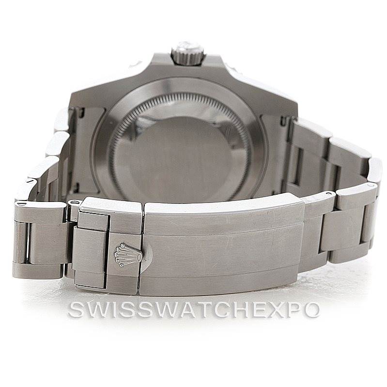 The image shows the back case and clasp of a Rolex Submariner 116610LV Men's Stainless Steel Green Dial 116610LV Men's Stainless Steel Green Dial watch viewed from the rear.