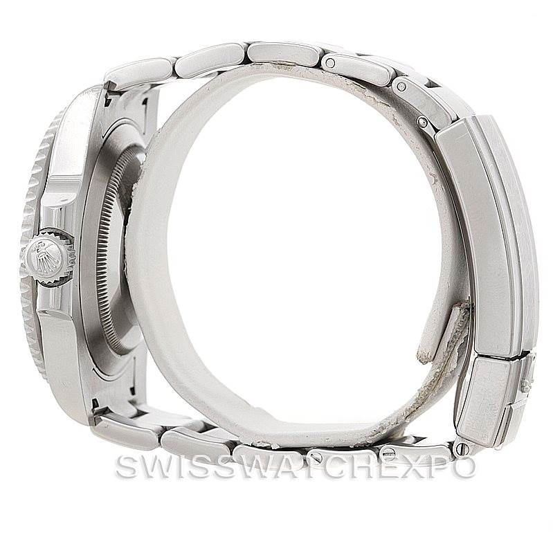 The image shows a side profile of a Rolex Submariner 116610LV Men's Stainless Steel Green Dial 116610LV Men's Stainless Steel Green Dial watch, highlighting the crown, bezel, and linked bracelet.