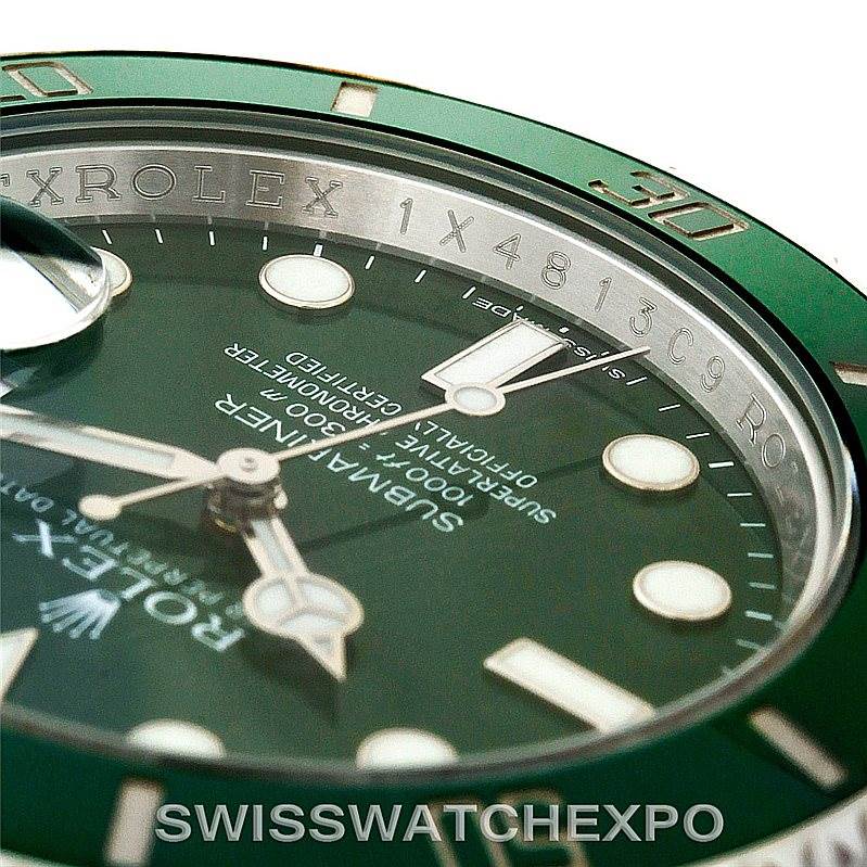 The image shows a close-up of the dial and bezel of a Rolex Submariner 116610LV Men's Stainless Steel Green Dial 116610LV Men's Stainless Steel Green Dial watch.