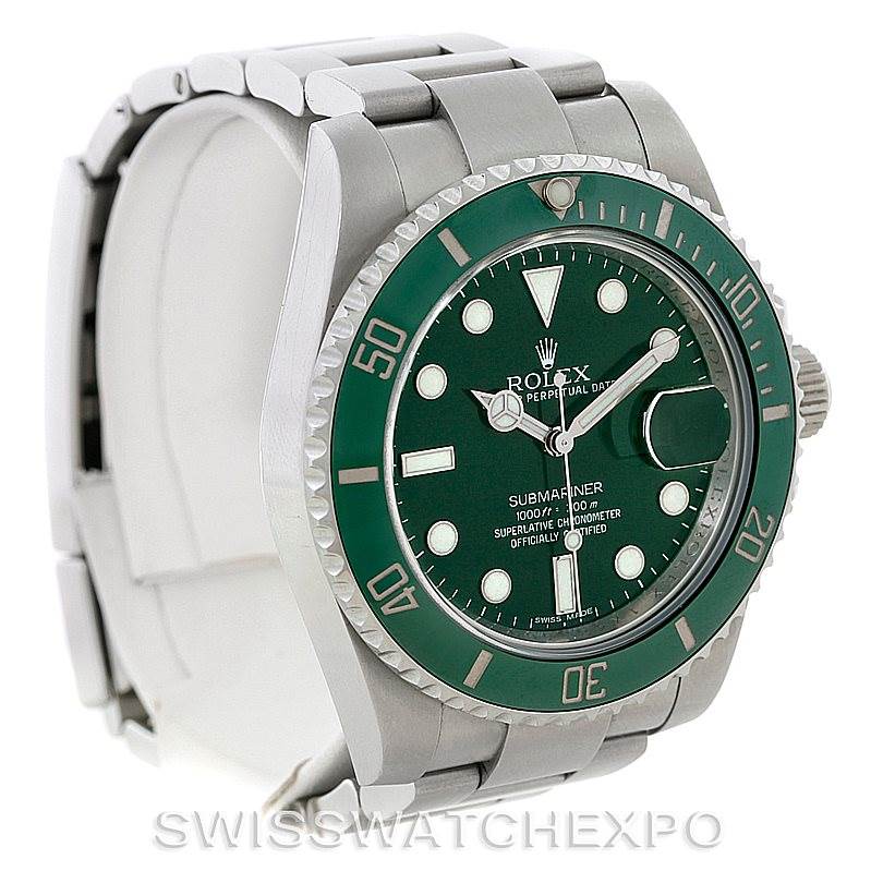 The image shows a side-angle view of a Rolex Submariner 116610LV Men's Stainless Steel Green Dial 116610LV Men's Stainless Steel Green Dial watch, highlighting its green bezel, dial, and bracelet.