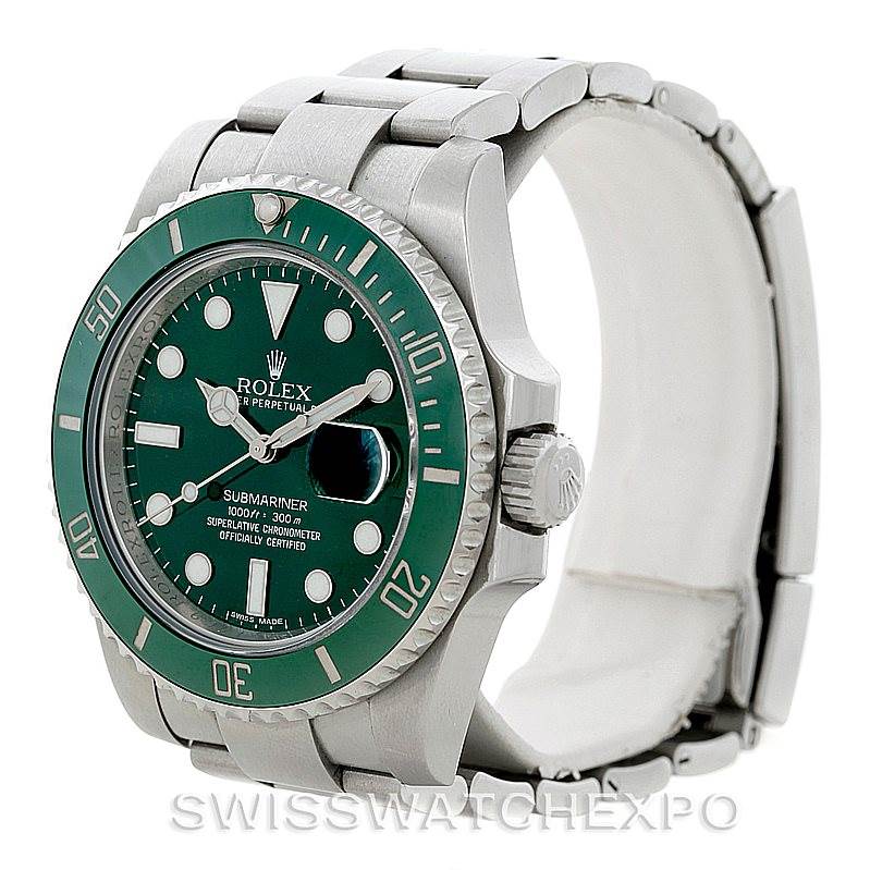 The image shows a Rolex Submariner 116610LV Men's Stainless Steel Green Dial 116610LV Men's Stainless Steel Green Dial watch at an angle highlighting its green bezel, dial, and part of its metal bracelet.