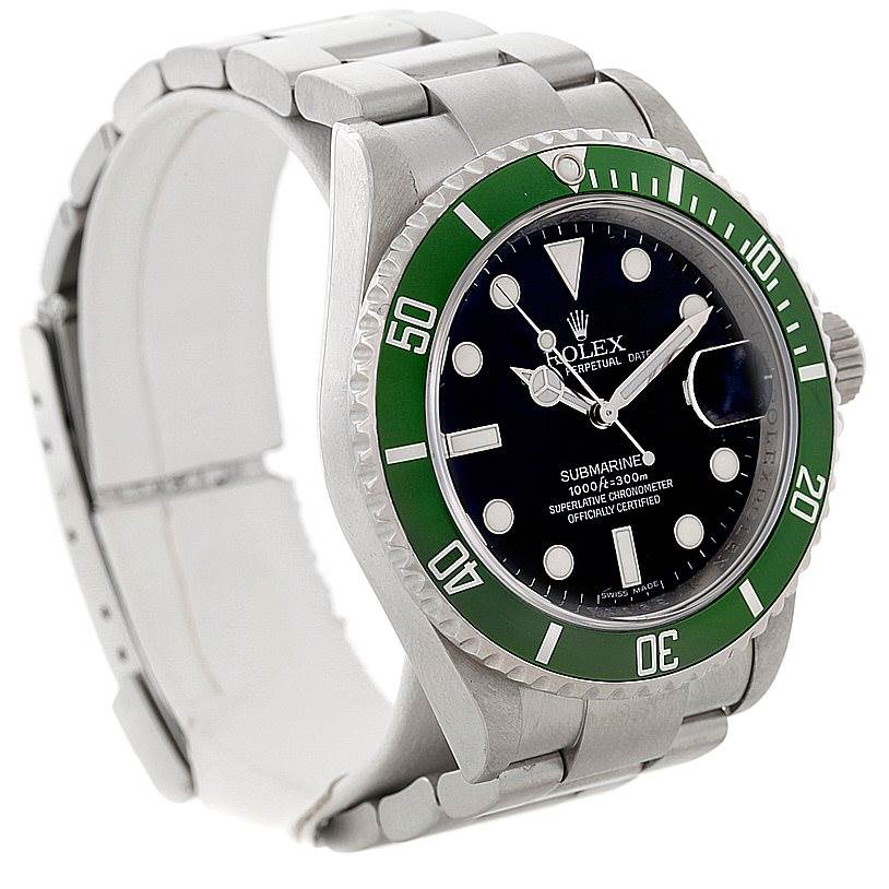 This Rolex Submariner 16610 Men
s Stainless Steel Black Dial 16610 Men
s Stainless Steel Black Dial watch is shown from a front-left angle, displaying its face, bezel, and bracelet.