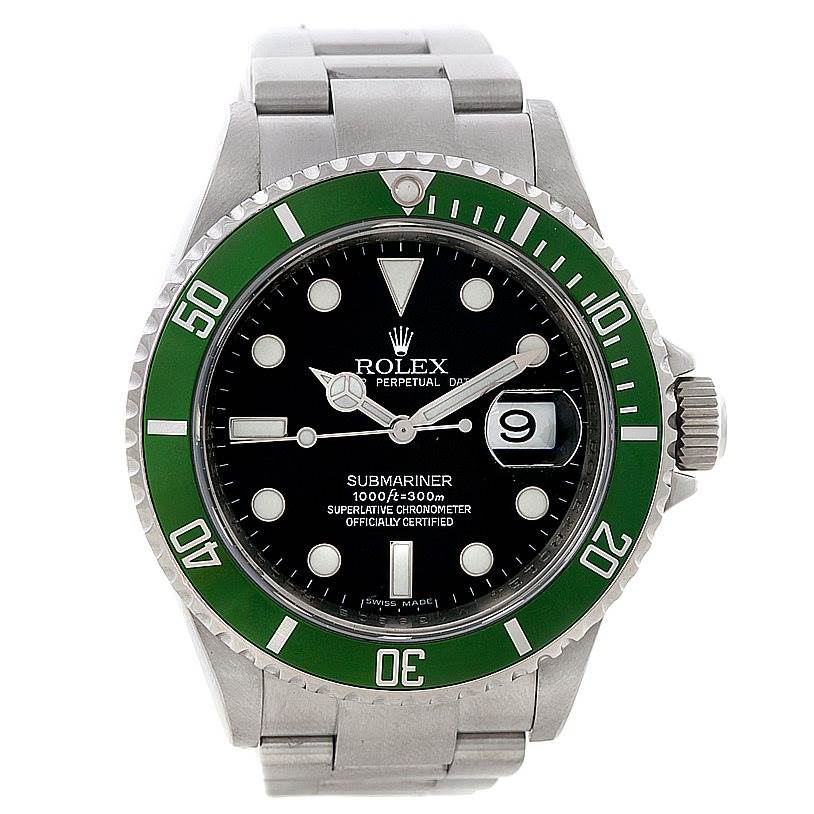 The image shows a front view of a Rolex Submariner 16610 Men
s Stainless Steel Black Dial 16610 Men
s Stainless Steel Black Dial watch showcasing its green bezel, black dial, and bracelet.
