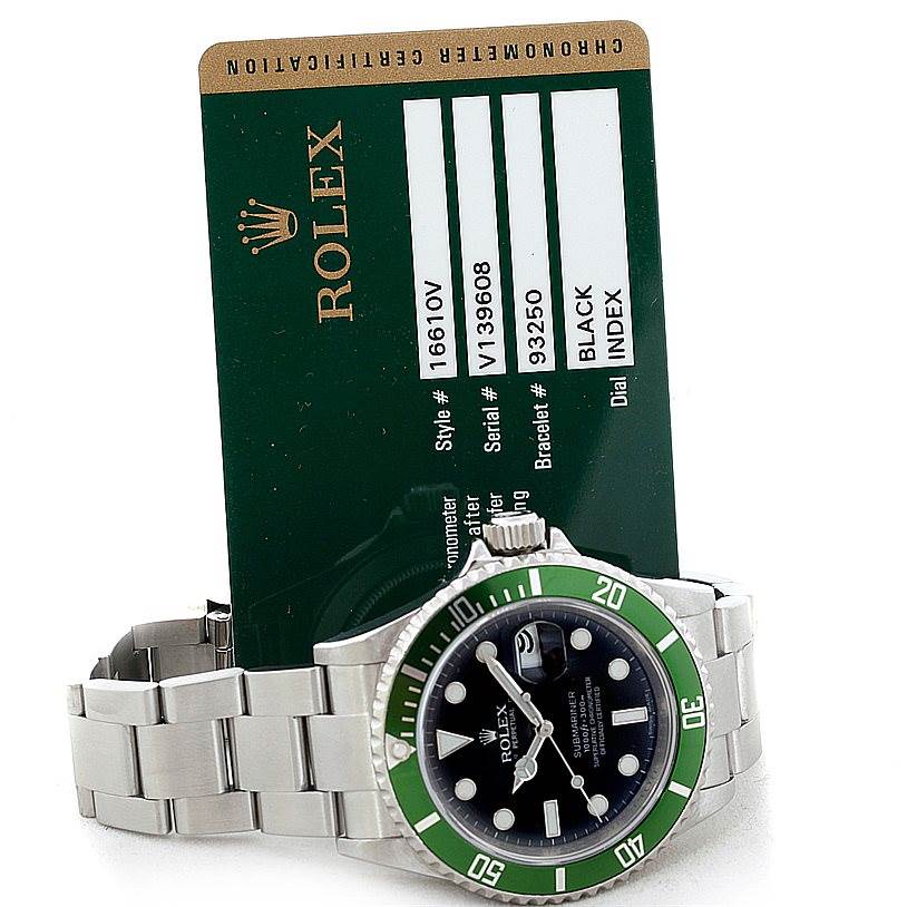 The image shows a Rolex Submariner 16610 Men
s Stainless Steel Black Dial 16610 Men
s Stainless Steel Black Dial watch at an angled side view, with its bracelet, dial, bezel, and certification card visible.