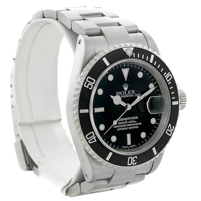 The image shows a front and slight side view of a Rolex Submariner 16610 Men
s Stainless Steel Black Dial 16610 Men
s Stainless Steel Black Dial watch, depicting its bezel, dial, case, and bracelet.
