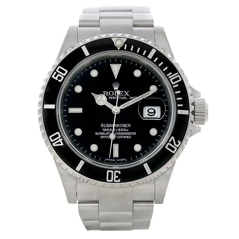 The image shows a front view of the Rolex Submariner 16610 Men
s Stainless Steel Black Dial 16610 Men
s Stainless Steel Black Dial watch featuring its dial, bezel, and bracelet.