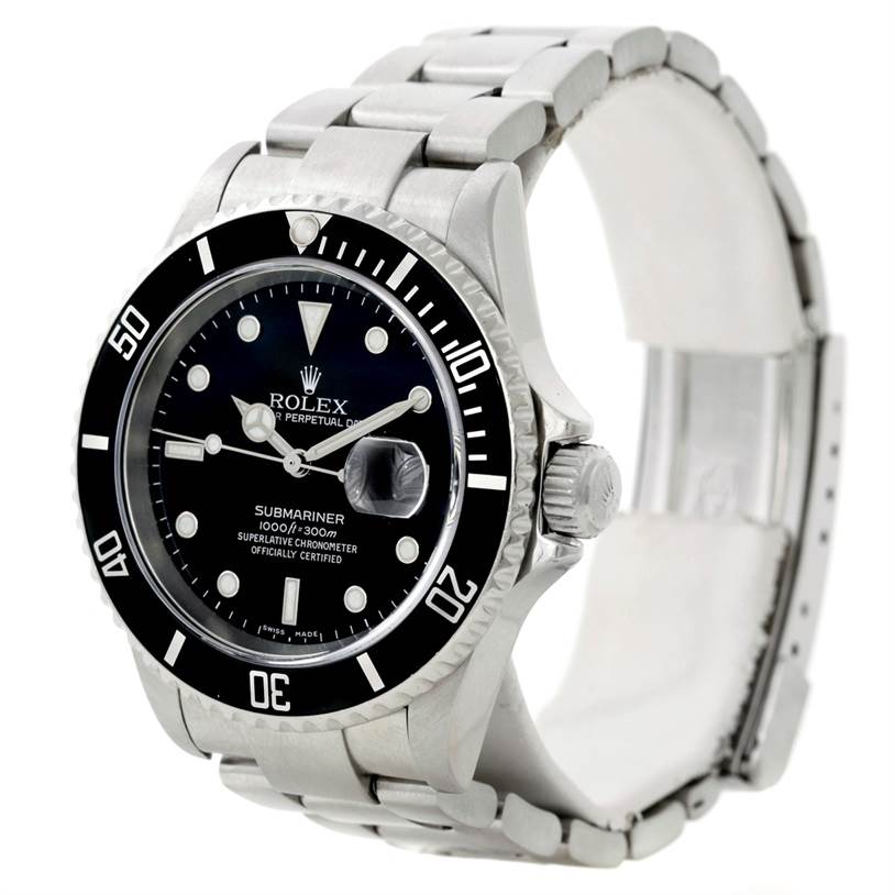 This image shows a Rolex Submariner 16610 Men
s Stainless Steel Black Dial 16610 Men
s Stainless Steel Black Dial watch at an angled view, highlighting its face, bezel, crown, and stainless steel bracelet.