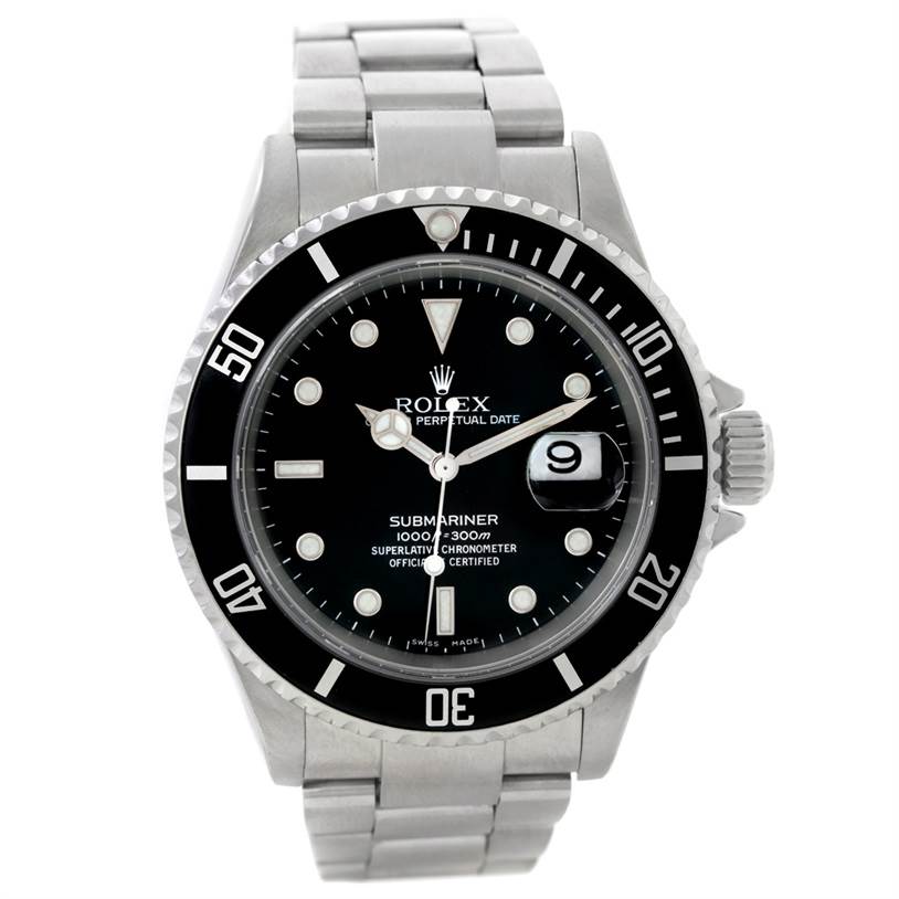 This image shows a front view of the Rolex Submariner 16610 Men
s Stainless Steel Black Dial 16610 Men
s Stainless Steel Black Dial watch, highlighting the dial, bezel, and bracelet.