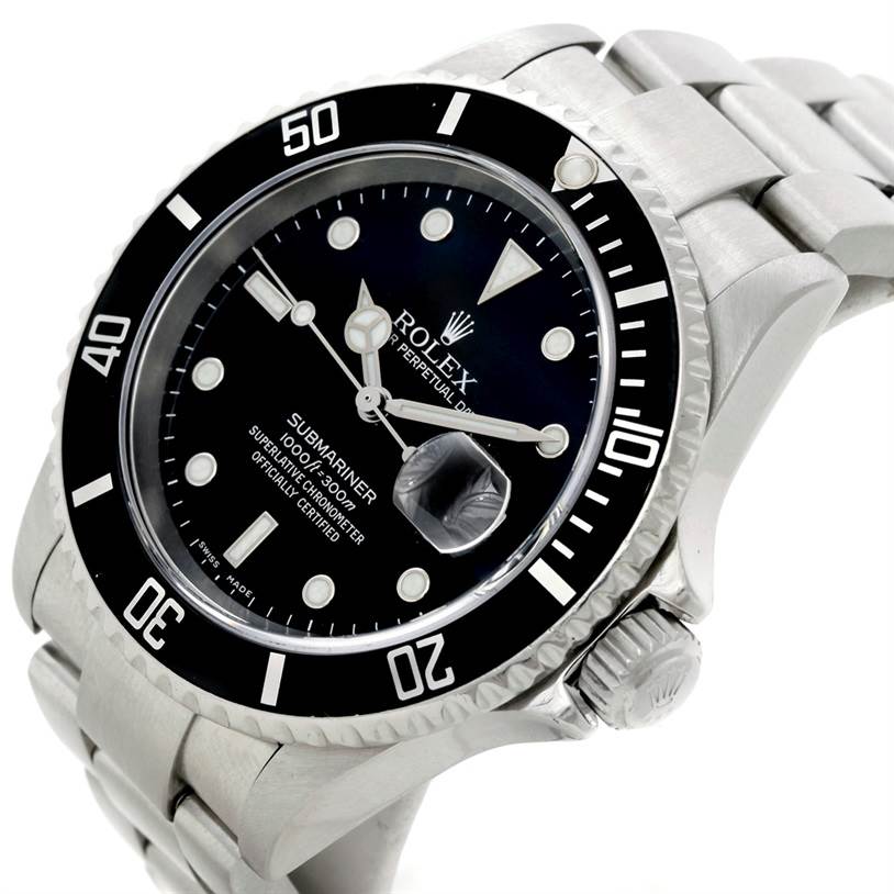 The image shows a side and front angled view of a Rolex Submariner 16610 Men
s Stainless Steel Black Dial 16610 Men
s Stainless Steel Black Dial watch, highlighting its dial, bezel, and bracelet.