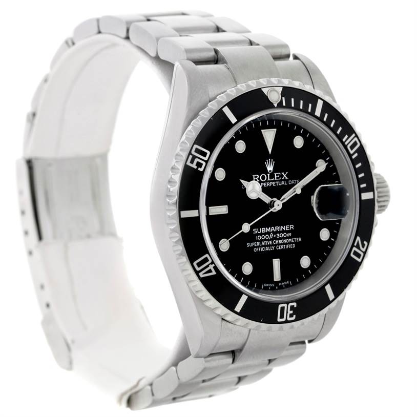 The image shows a Rolex Submariner 16610 Men
s Stainless Steel Black Dial 16610 Men
s Stainless Steel Black Dial watch angled to display the dial, bezel, bracelet, and part of the clasp.