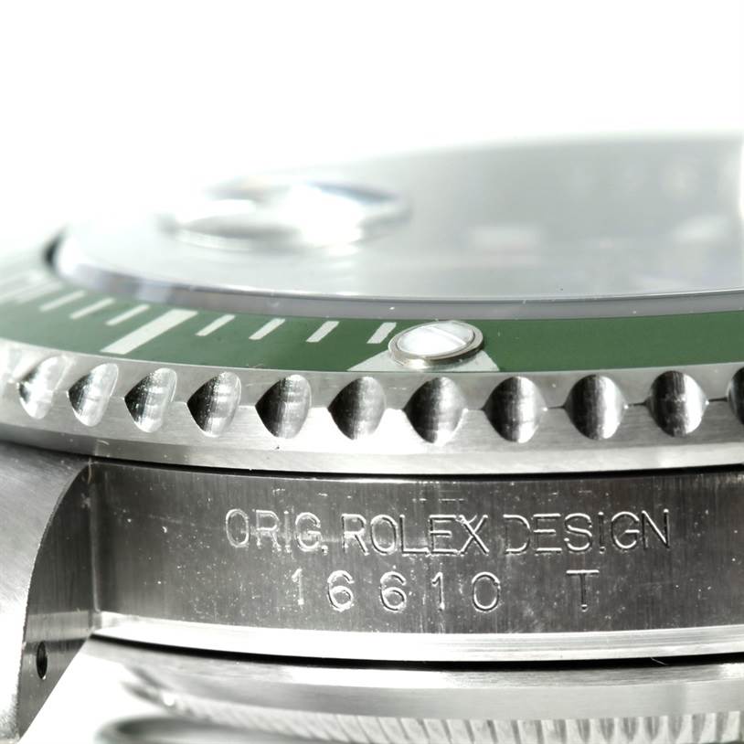 This image shows a close-up angle of the bezel and case side of a Rolex Submariner 16610 Men
s Stainless Steel Black Dial 16610 Men
s Stainless Steel Black Dial, highlighting the model and brand engraving.