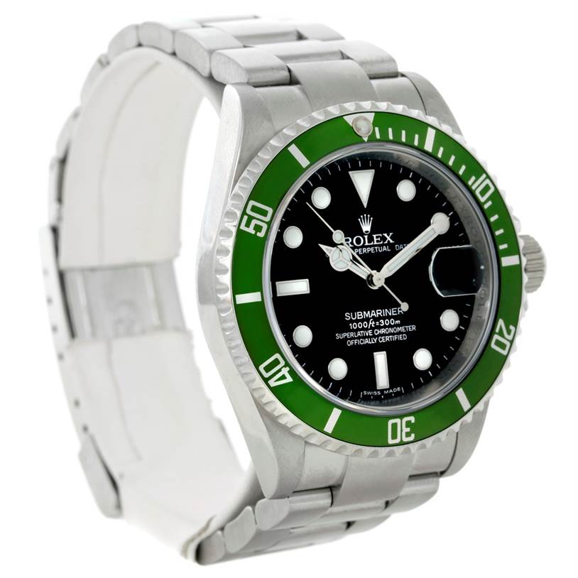 The Rolex Submariner 16610 Men
s Stainless Steel Black Dial 16610 Men
s Stainless Steel Black Dial watch is shown from a three-quarter angle highlighting its green bezel, black dial, and stainless steel bracelet.