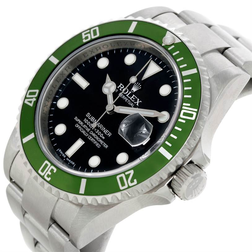 The image shows the dial, bezel, and partial bracelet of the Rolex Submariner 16610 Men
s Stainless Steel Black Dial 16610 Men
s Stainless Steel Black Dial from a slightly angled close-up view.