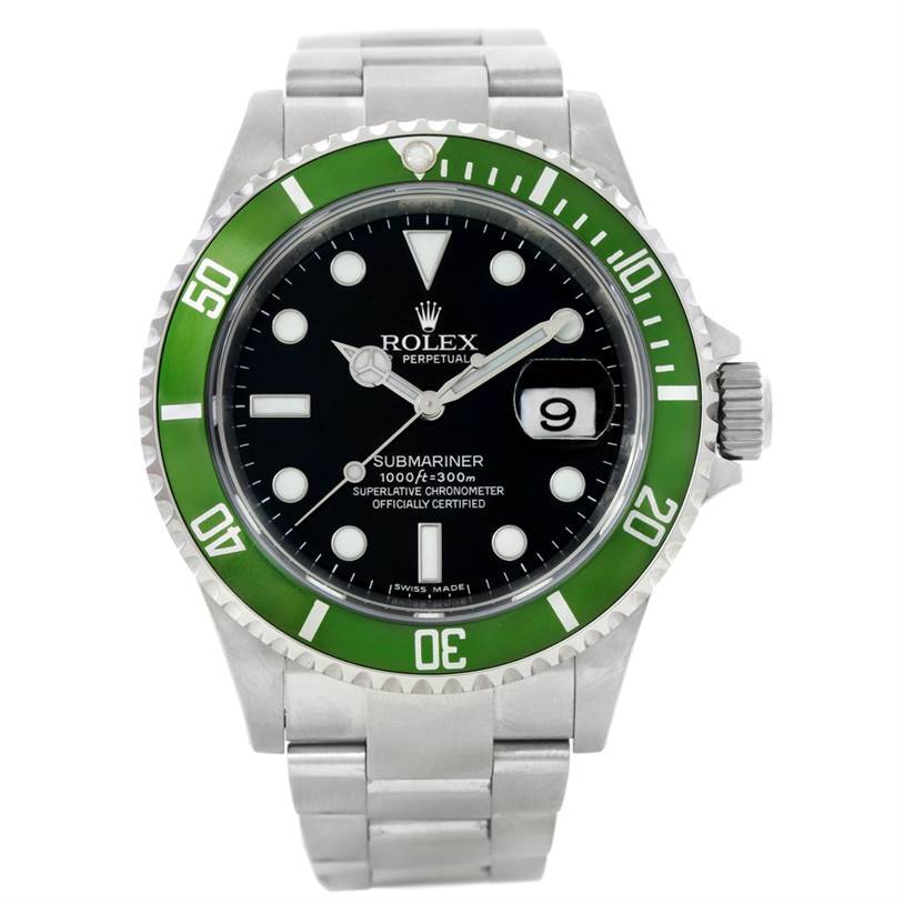 This image shows a front view of a Rolex Submariner 16610 Men
s Stainless Steel Black Dial 16610 Men
s Stainless Steel Black Dial watch featuring a green bezel, black dial, and metal bracelet.