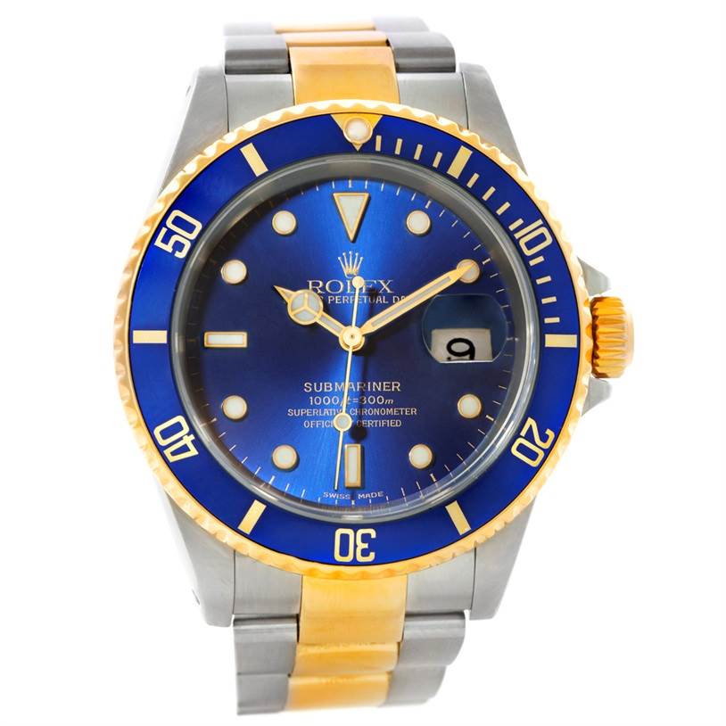 The Rolex Submariner 16613 Men's Steel and Gold (two tone) Blue Dial 16613 Men's Steel and Gold (two tone) Blue Dial watch is shown from a front angle, highlighting its blue dial, gold and silver bracelet, and date window.