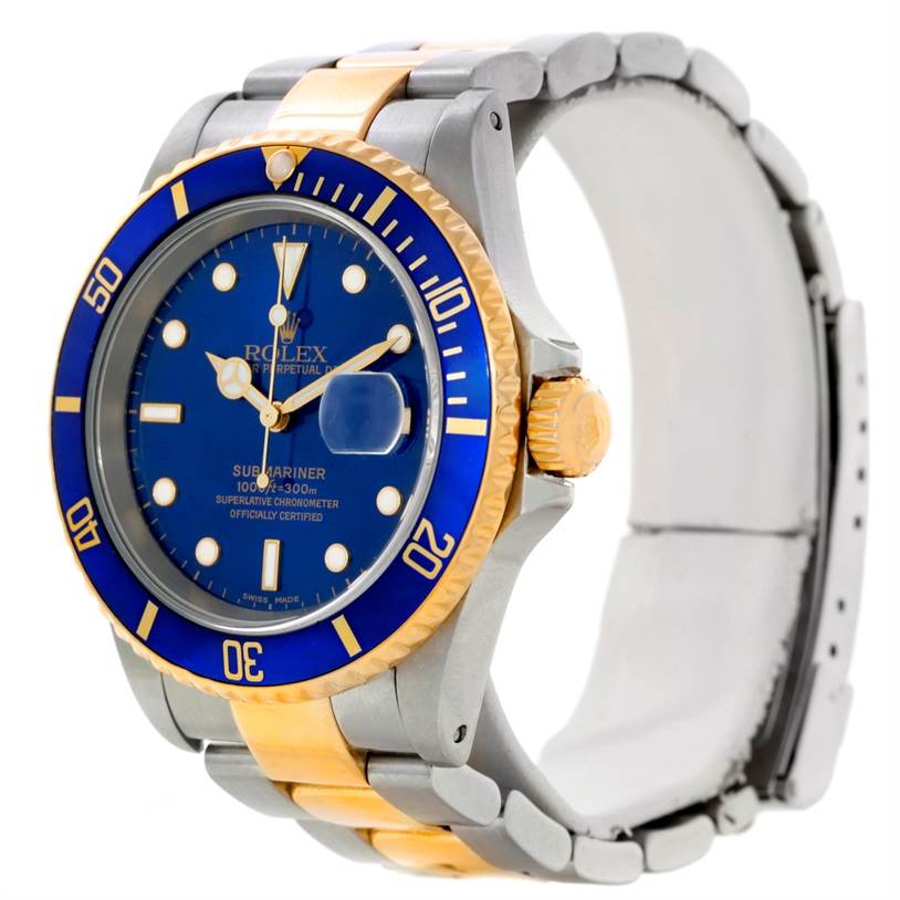 This image shows a side-angle view of a Rolex Submariner 16613 Men's Steel and Gold (two tone) Blue Dial 16613 Men's Steel and Gold (two tone) Blue Dial watch, displaying its blue face, bezel, and two-tone band.