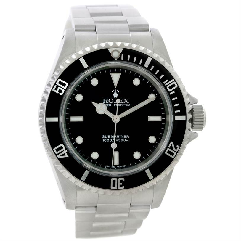 The image shows a front view of a Rolex Submariner 14060 Men
s Stainless Steel Black Dial 14060 Men
s Stainless Steel Black Dial watch, displaying its face, bezel, and part of the bracelet.