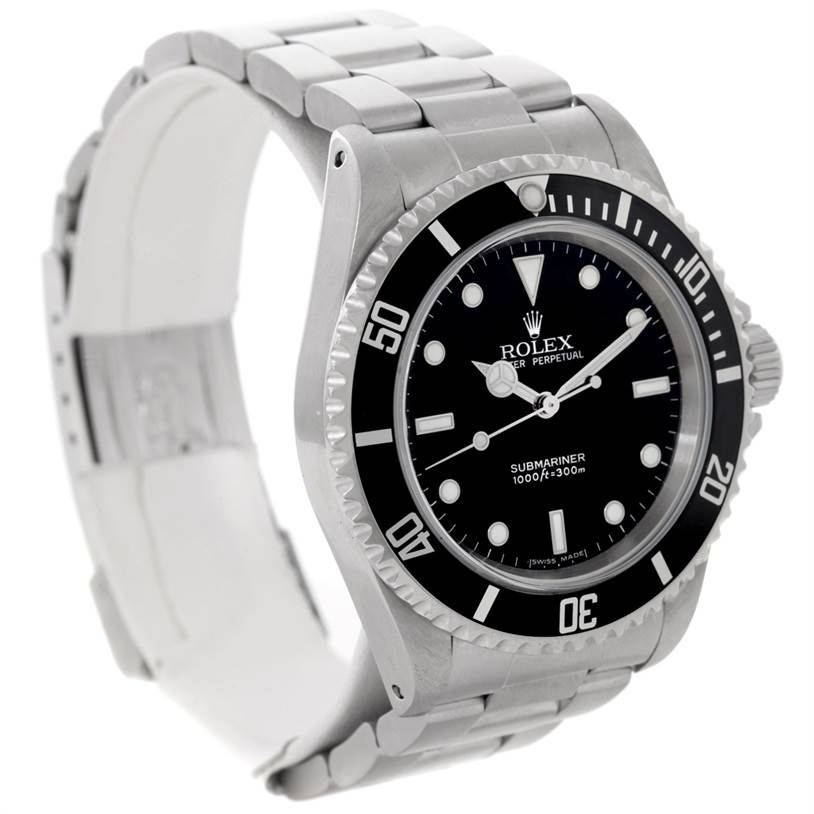 The Rolex Submariner 14060 Men
s Stainless Steel Black Dial 14060 Men
s Stainless Steel Black Dial watch is shown at a side angle, displaying the case, dial, bezel, and bracelet.