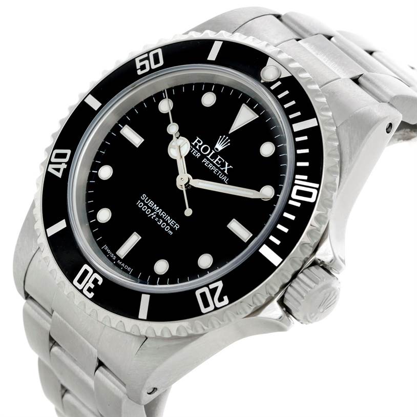 The image shows a Rolex Submariner 14060 Men
s Stainless Steel Black Dial 14060 Men
s Stainless Steel Black Dial watch angled to highlight its face, bezel, crown, and stainless steel bracelet.