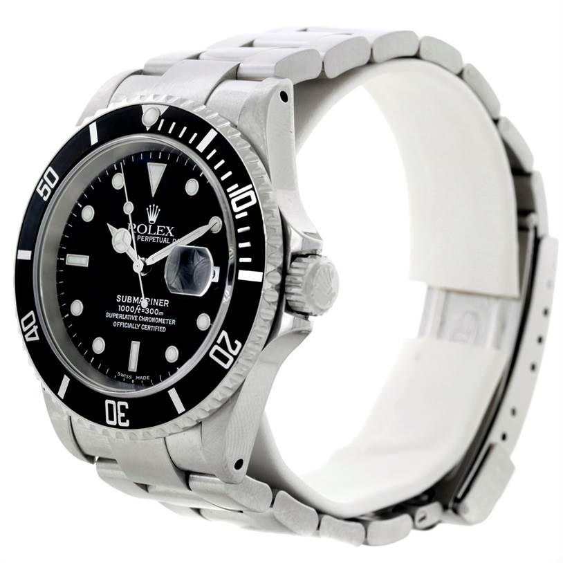 The image shows a Rolex Submariner 16610 Men
s Stainless Steel Black Dial 16610 Men
s Stainless Steel Black Dial watch from a side angle, highlighting the bezel, dial, crown, and bracelet.