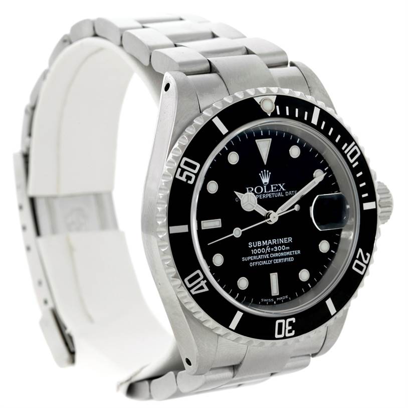 This Rolex Submariner 16610 Men
s Stainless Steel Black Dial 16610 Men
s Stainless Steel Black Dial watch is shown at a side angle, featuring the bezel, dial, bracelet, and crown.