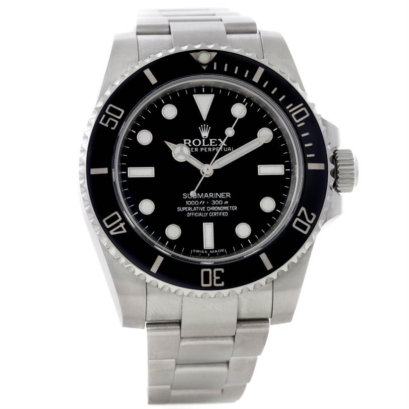 The Rolex Submariner 114060 Men
s Stainless Steel Black Dial 114060 Men
s Stainless Steel Black Dial watch is shown from a front angle, displaying the face, bezel, bracelet, and crown.