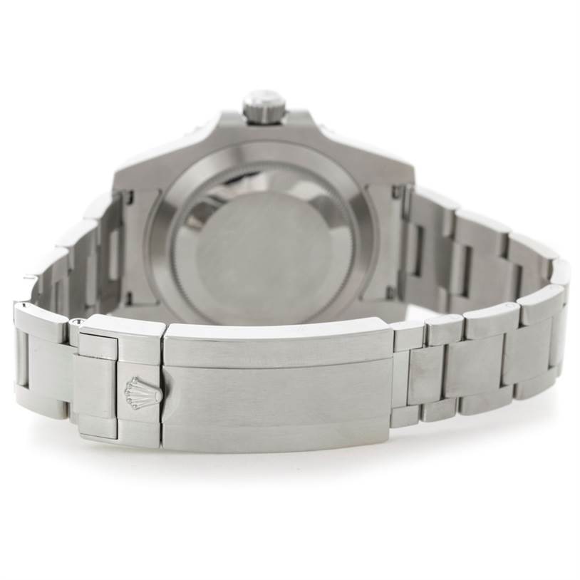 The image shows the rear view of a Rolex Submariner 114060 Men
s Stainless Steel Black Dial 114060 Men
s Stainless Steel Black Dial watch, highlighting the clasp and case back.