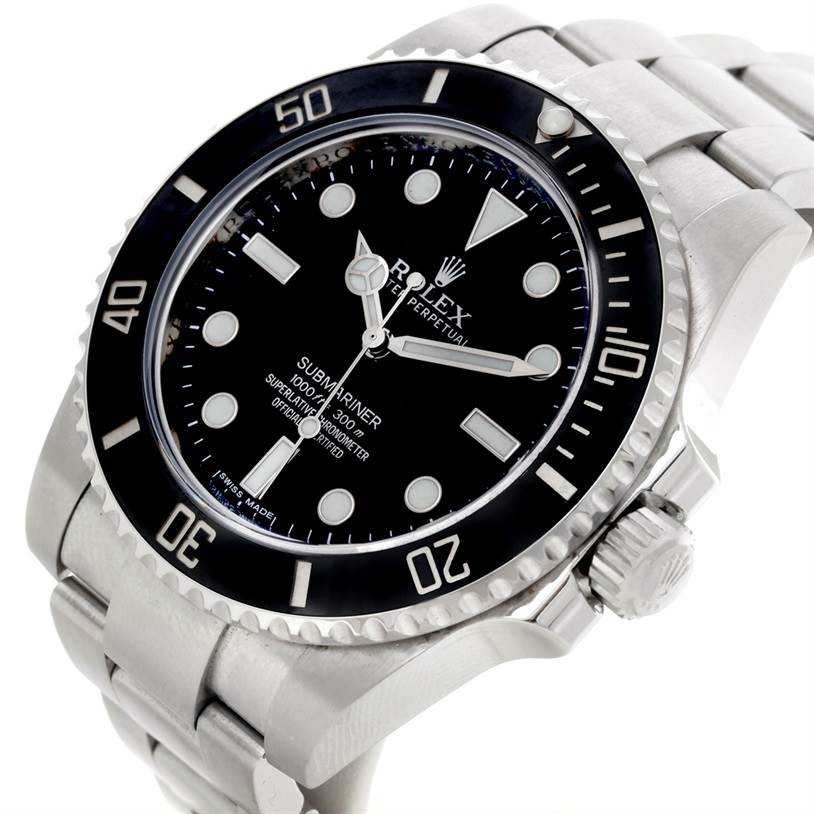 This image depicts a Rolex Submariner 114060 Men
s Stainless Steel Black Dial 114060 Men
s Stainless Steel Black Dial watch from a slightly angled top view, showing the face, bezel, and part of the bracelet.