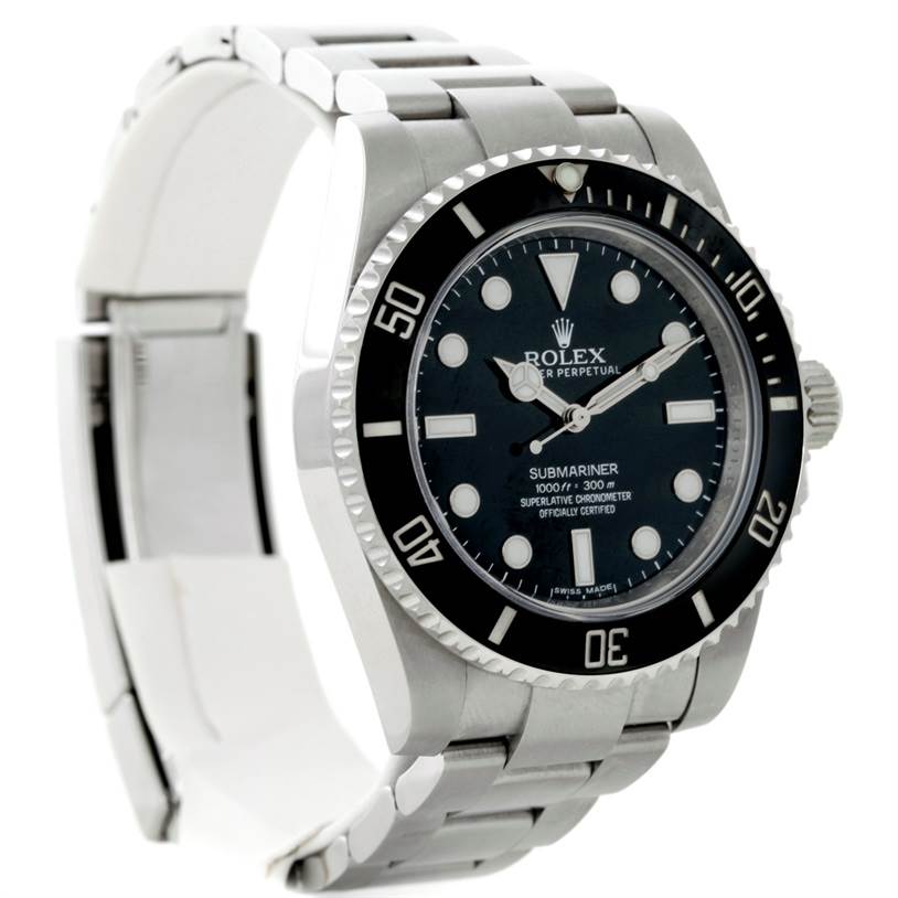 The Rolex Submariner 114060 Men
s Stainless Steel Black Dial 114060 Men
s Stainless Steel Black Dial watch is shown from a three-quarter angle, featuring its dial, bezel, and part of its bracelet.