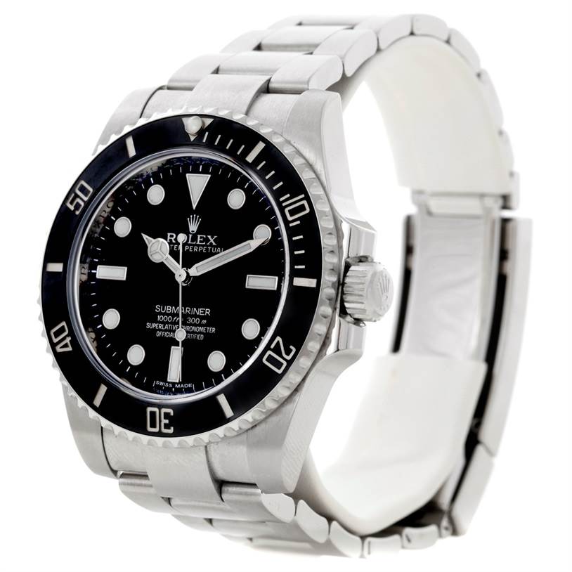 The image shows a side angle of the Rolex Submariner 114060 Men
s Stainless Steel Black Dial 114060 Men
s Stainless Steel Black Dial, displaying the watch face, bezel, crown, and a part of the stainless steel bracelet.