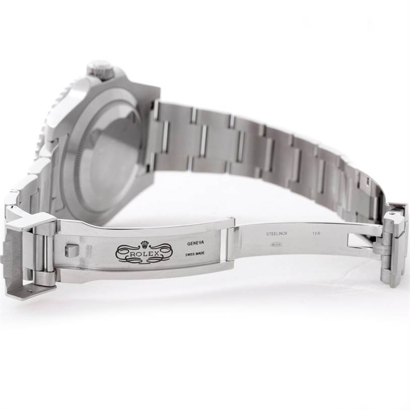 This image shows the open clasp and bracelet of a Rolex Submariner 114060 Men
s Stainless Steel Black Dial 114060 Men
s Stainless Steel Black Dial watch, highlighting the brand markings on the clasp.