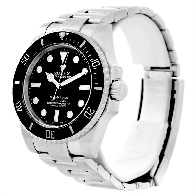 This image shows a Rolex Submariner 114060 Men
s Stainless Steel Black Dial 114060 Men
s Stainless Steel Black Dial watch from an angled side view, highlighting the face, bezel, crown, and bracelet.