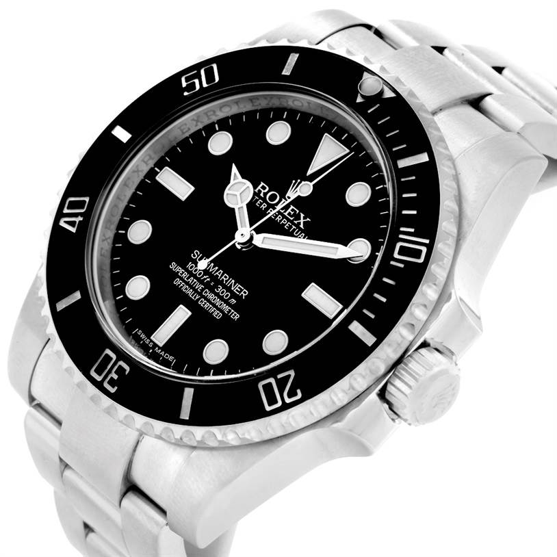 The image shows the Rolex Submariner 114060 Men
s Stainless Steel Black Dial 114060 Men
s Stainless Steel Black Dial watch from an angled view, highlighting the face, bezel, and part of the bracelet.