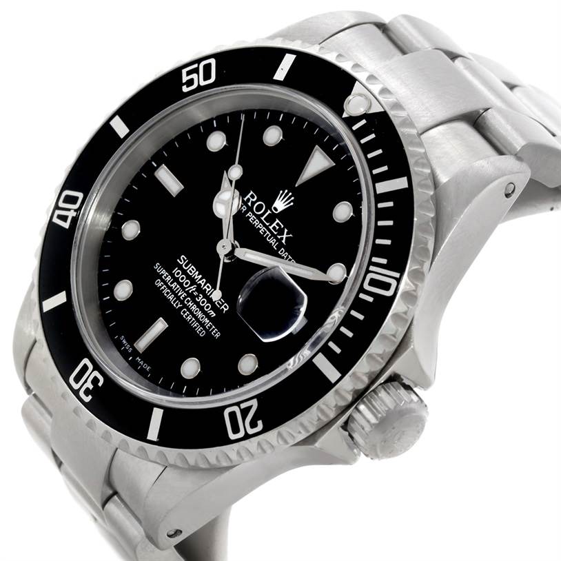 This image shows a Rolex Submariner 16610 Men
s Stainless Steel Black Dial 16610 Men
s Stainless Steel Black Dial watch from an angled view, highlighting the dial, bezel, bracelet, and crown.