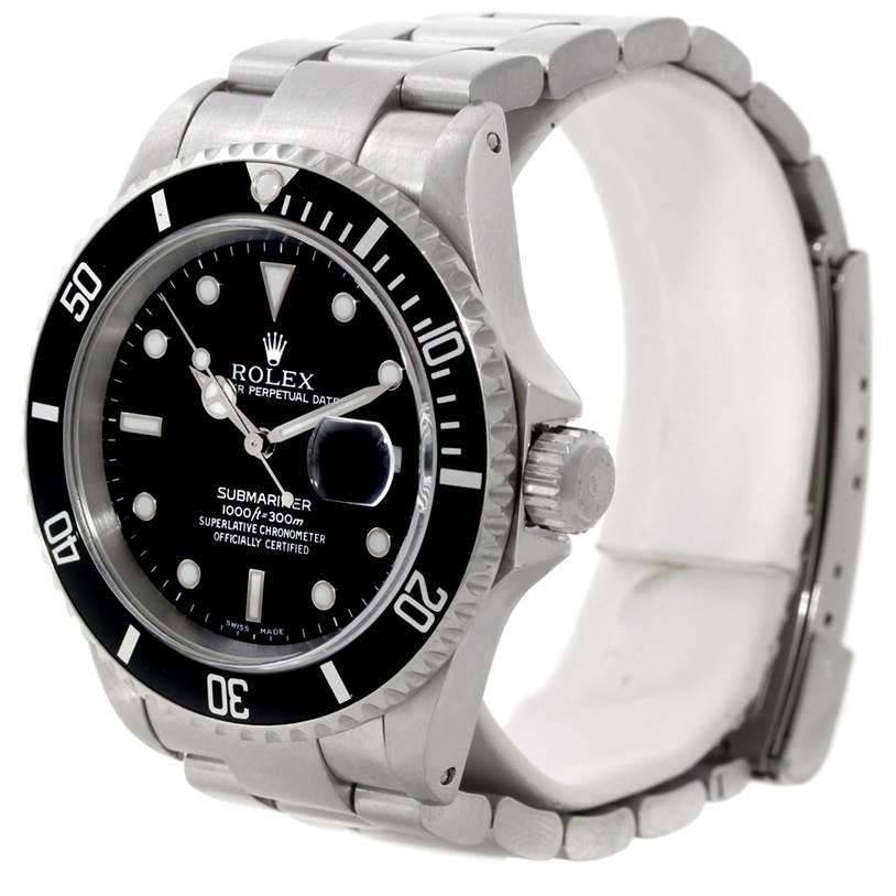 This image shows a side and front angle of the Rolex Submariner 16610 Men
s Stainless Steel Black Dial 16610 Men
s Stainless Steel Black Dial watch, highlighting its dial, bezel, case, crown, and bracelet.